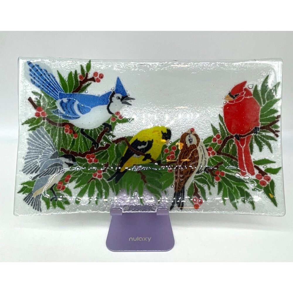 Peggy Karr Signed '05 Fused Glass Birds Holly Winter Design Approx 10"x 6"